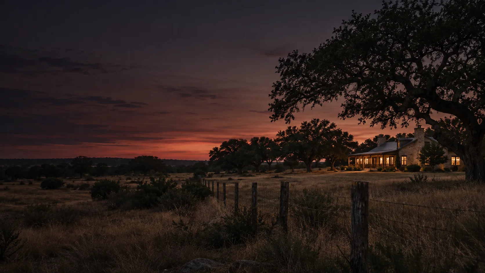 Illustrative Texas acreage at dusk with live oak trees and a warmly lit ranch-style home